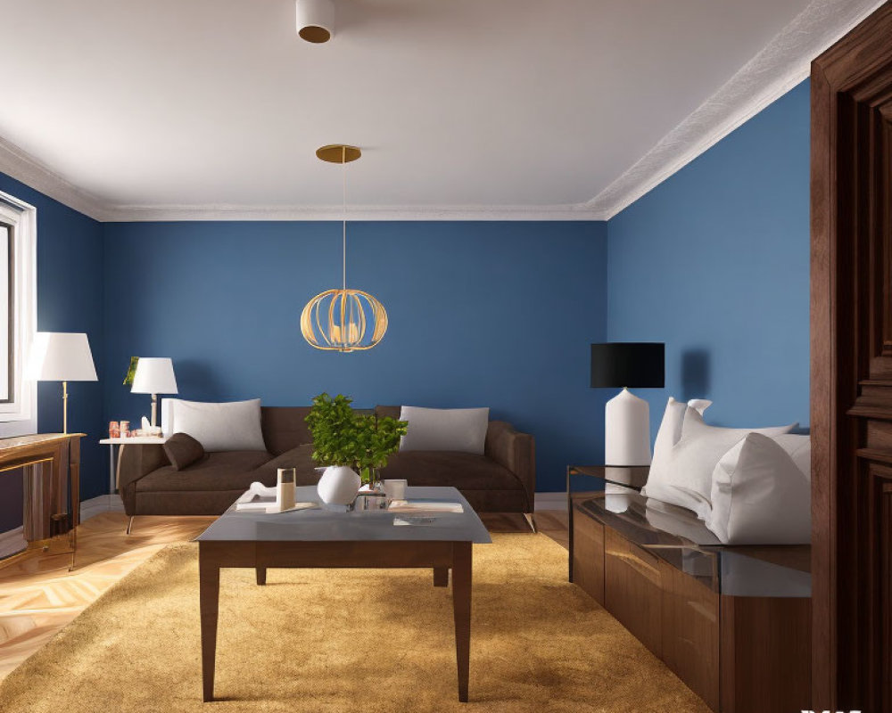 Stylish living room with rich blue walls, beige sofa, dark wood furniture, and pendant light