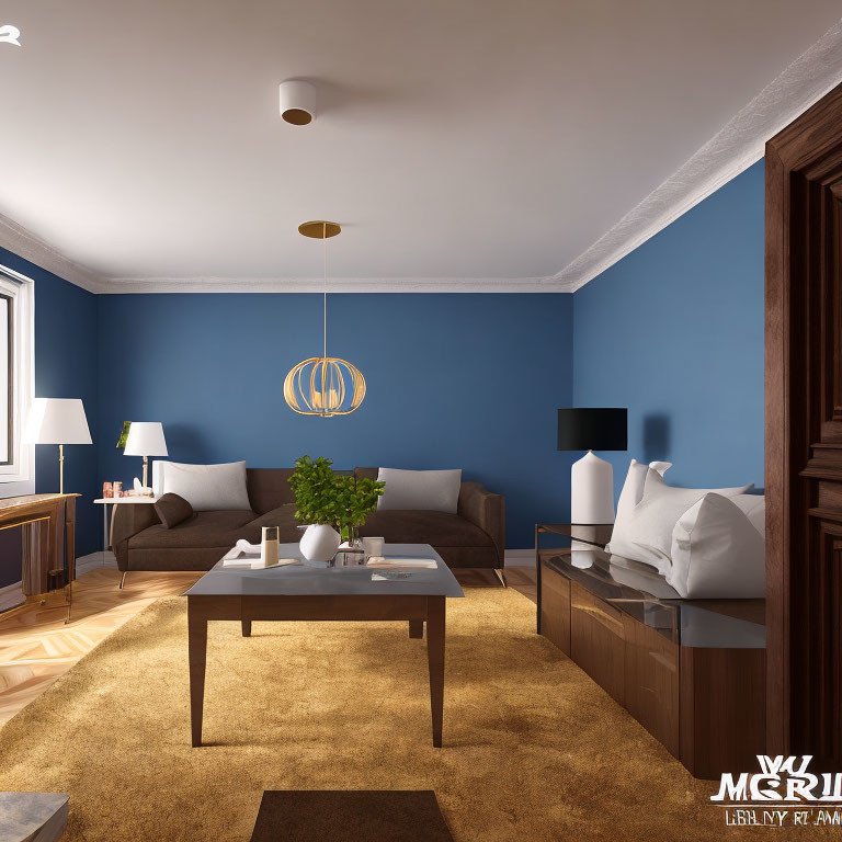 Stylish living room with rich blue walls, beige sofa, dark wood furniture, and pendant light