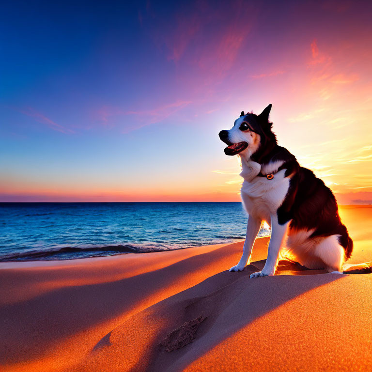 Siberian Husky on Sandy Beach at Sunset