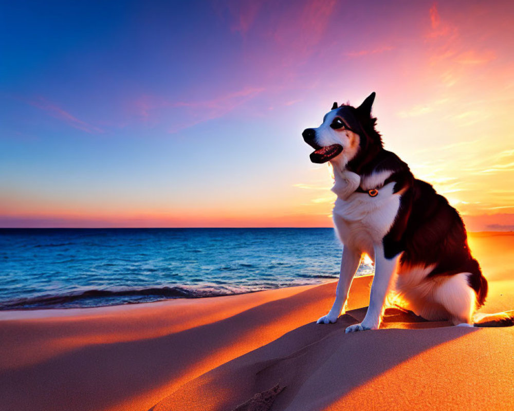 Siberian Husky on Sandy Beach at Sunset