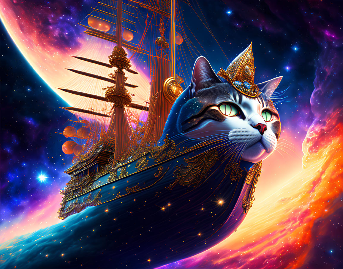 Regal cat with crown on ship in cosmic scene