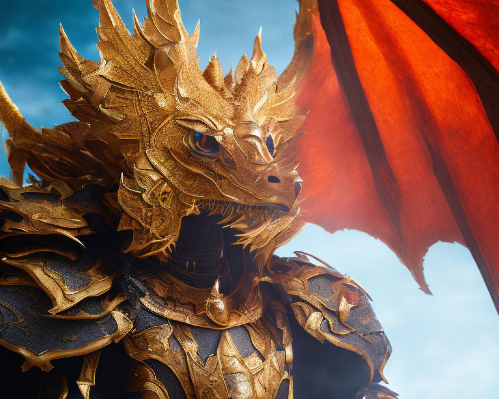 Golden-scaled dragon with piercing eyes and outstretched wing against blue sky