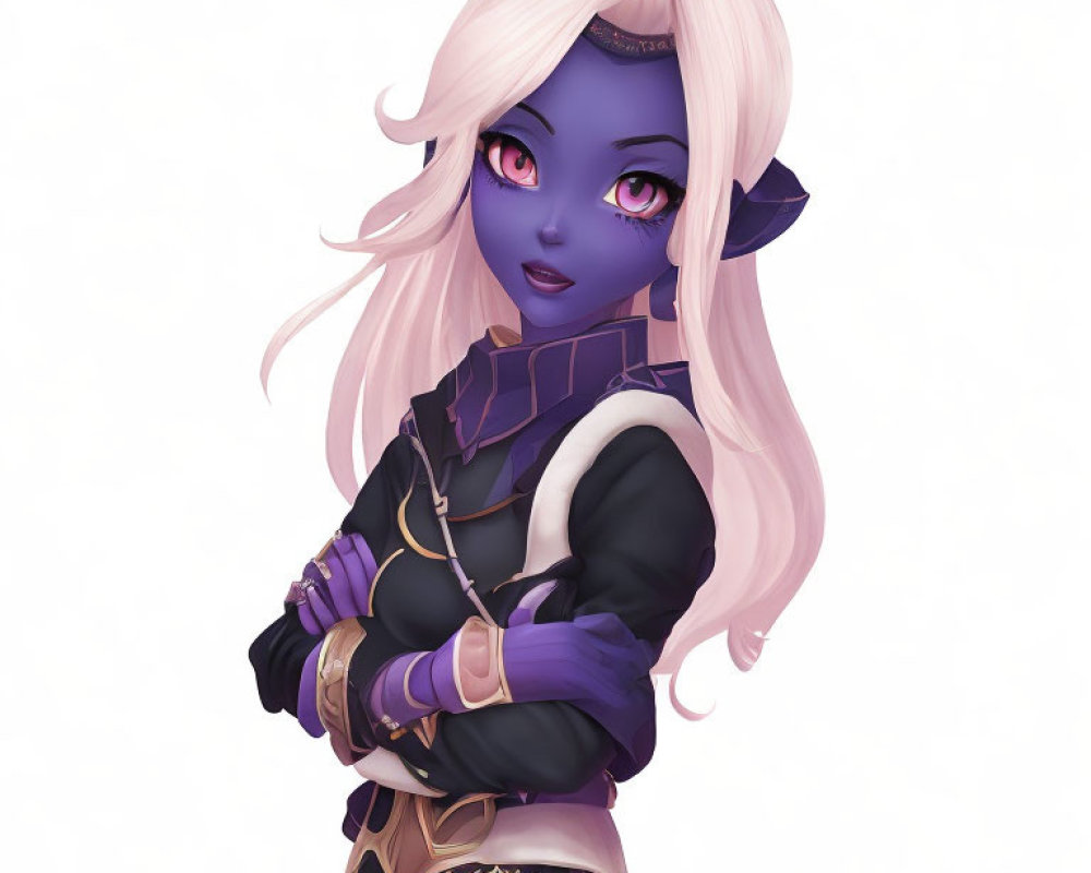 Purple-skinned female character with striking eyes and white hair in black and purple outfit.