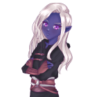 Purple-skinned female character with striking eyes and white hair in black and purple outfit.