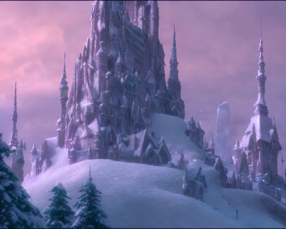 Snow-covered enchanted castle under twilight sky with spires and purple clouds