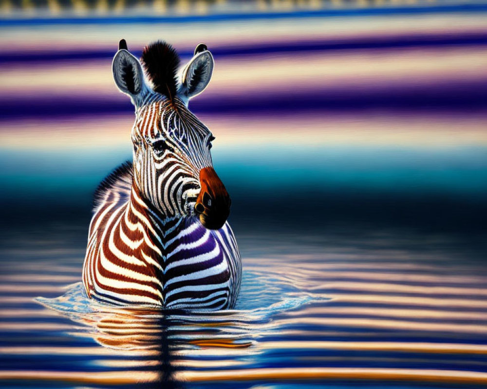 Striped Zebra Reflected in Colorful Water on Purple and Blue Background