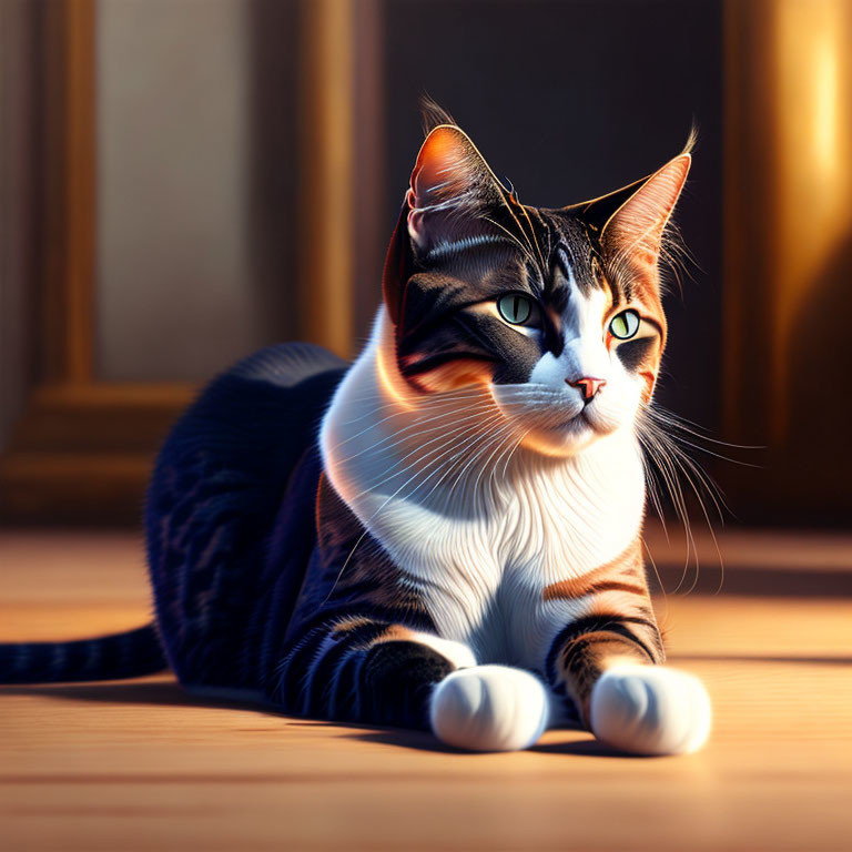 Tabby Cat with White and Black Stripes Sunlit on Wooden Floor