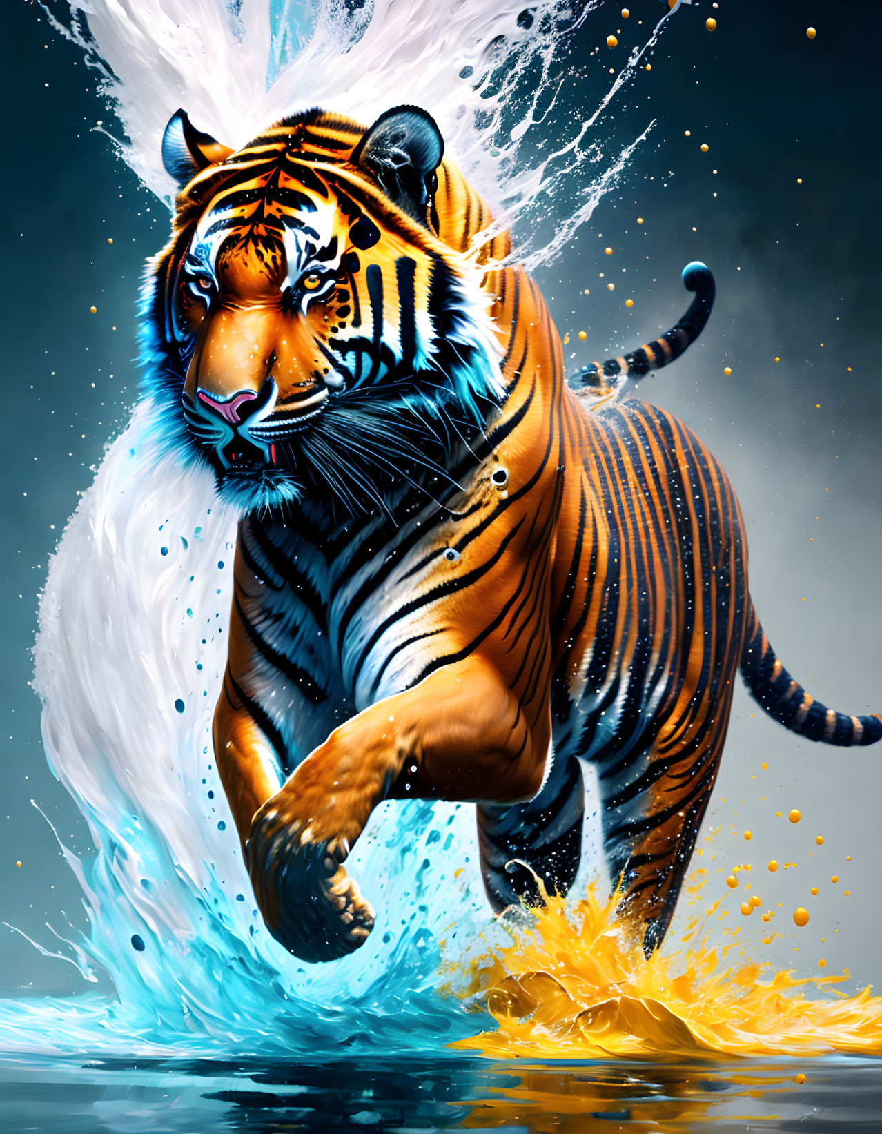 Vibrant digital artwork: Tiger emerging from water with energetic splashes