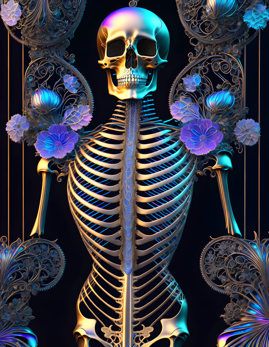 Golden skeletal figure with ornate elements and purple flowers on dark background