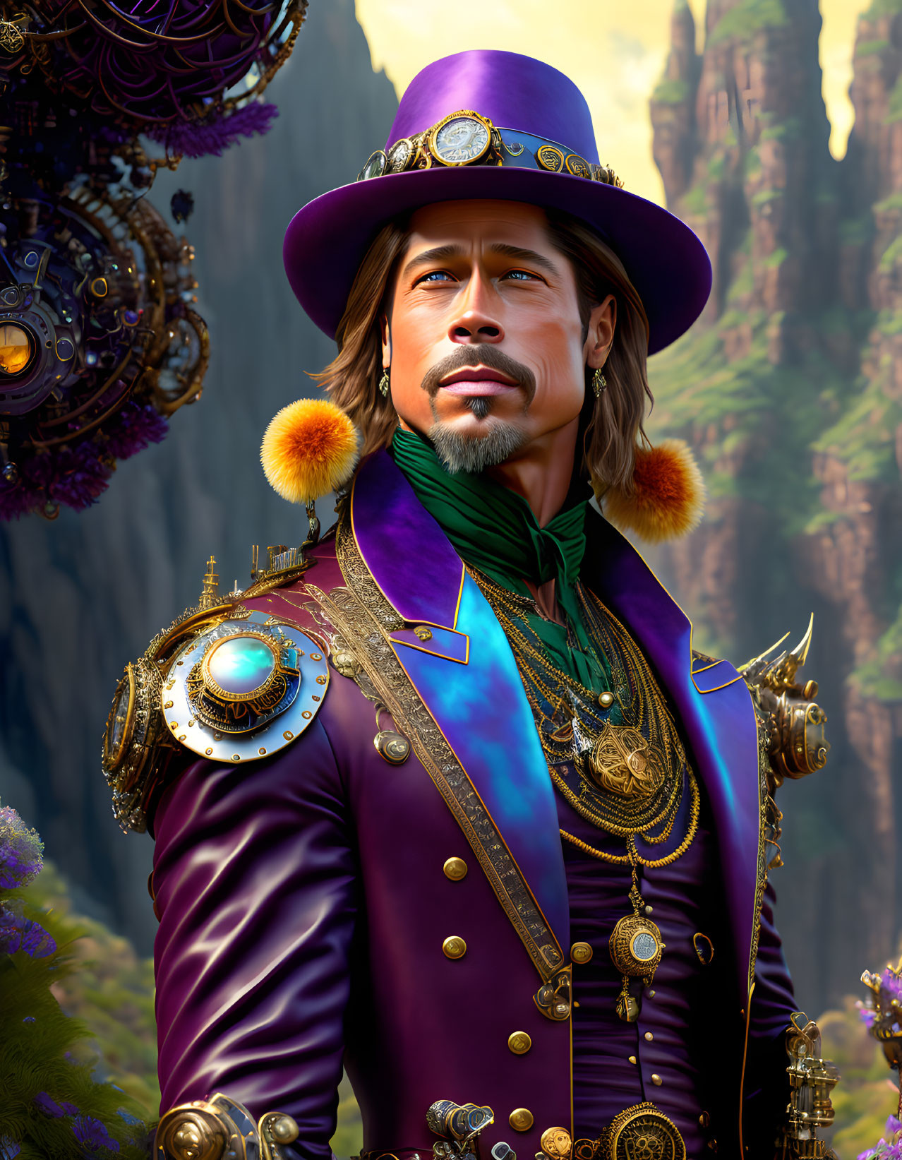 Digital artwork of man in purple coat and hat against fantasy landscape