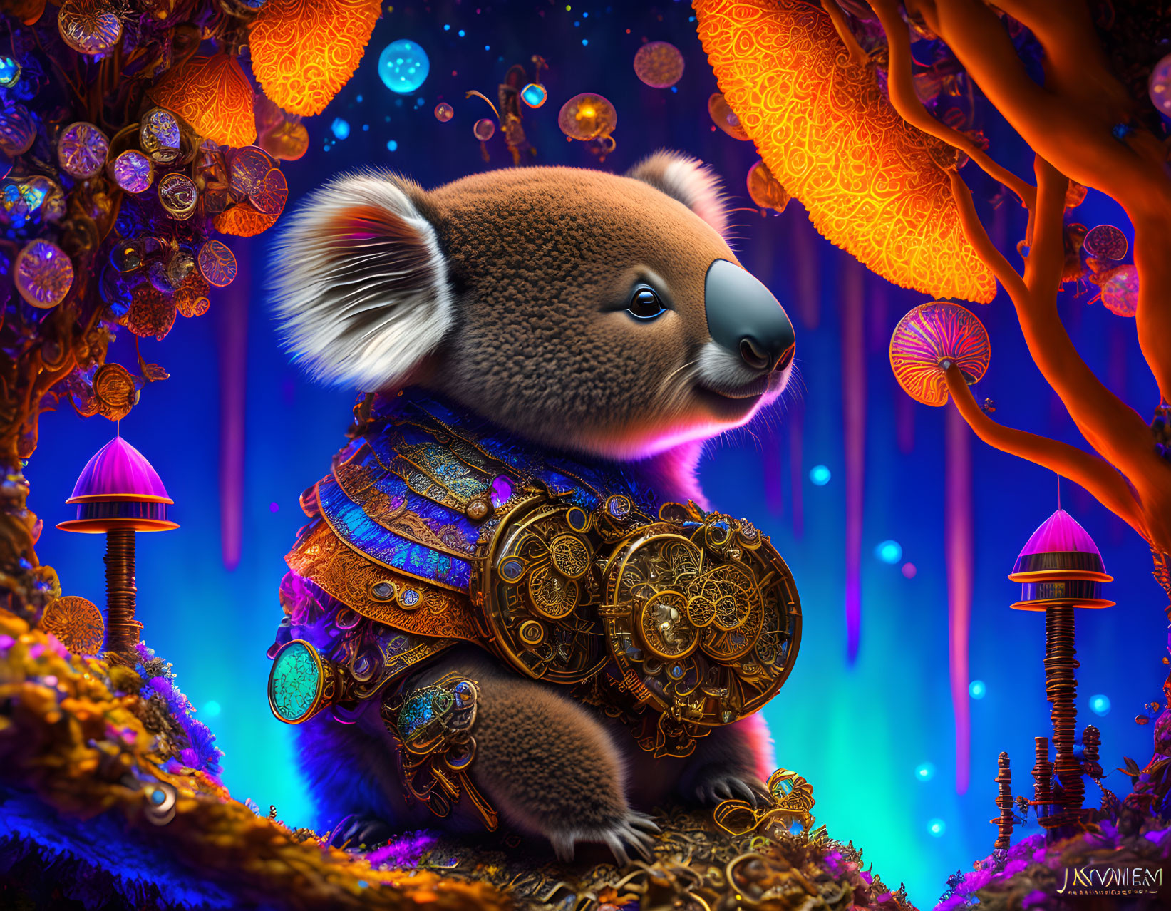 Armored koala in vibrant fantasy forest with glowing elements