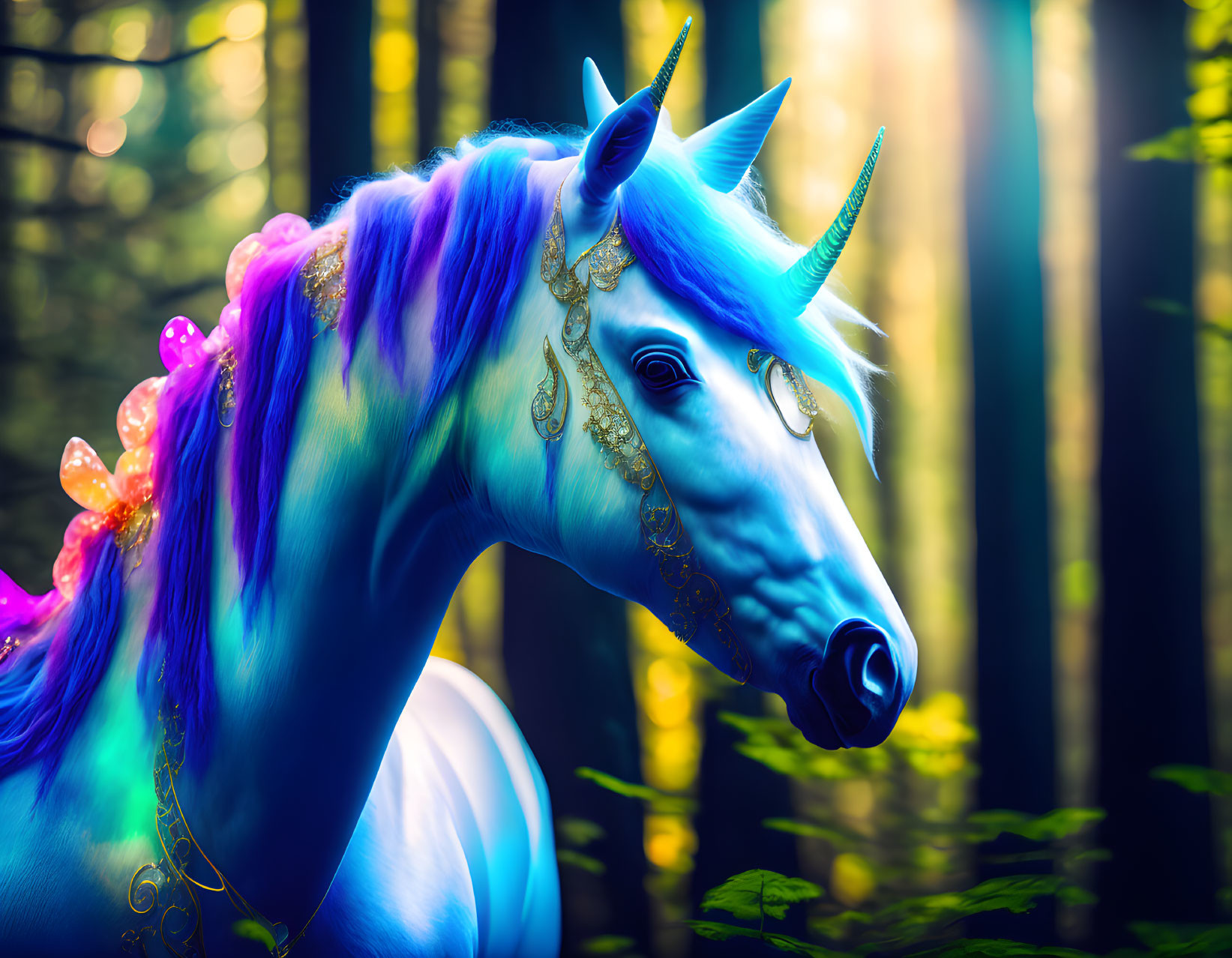 Colorful Blue Unicorn with Purple Mane in Enchanted Forest