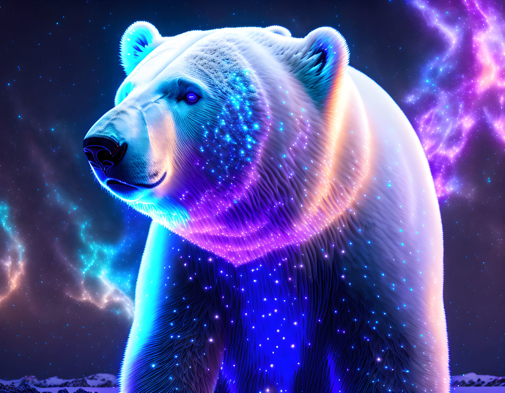 Colorful Neon Polar Bear Illustration with Cosmic Galaxy Background