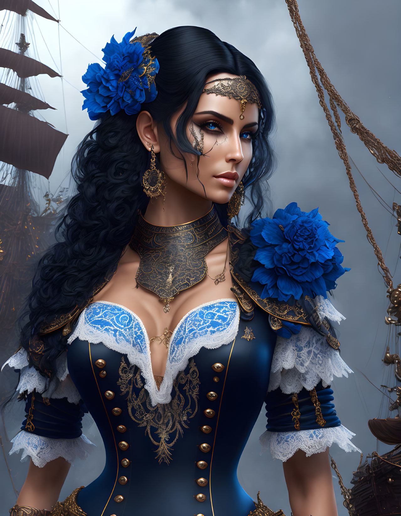 Digital Artwork: Woman with Dark Hair and Blue Flowers in Navy & Gold Corset against Ship Rig