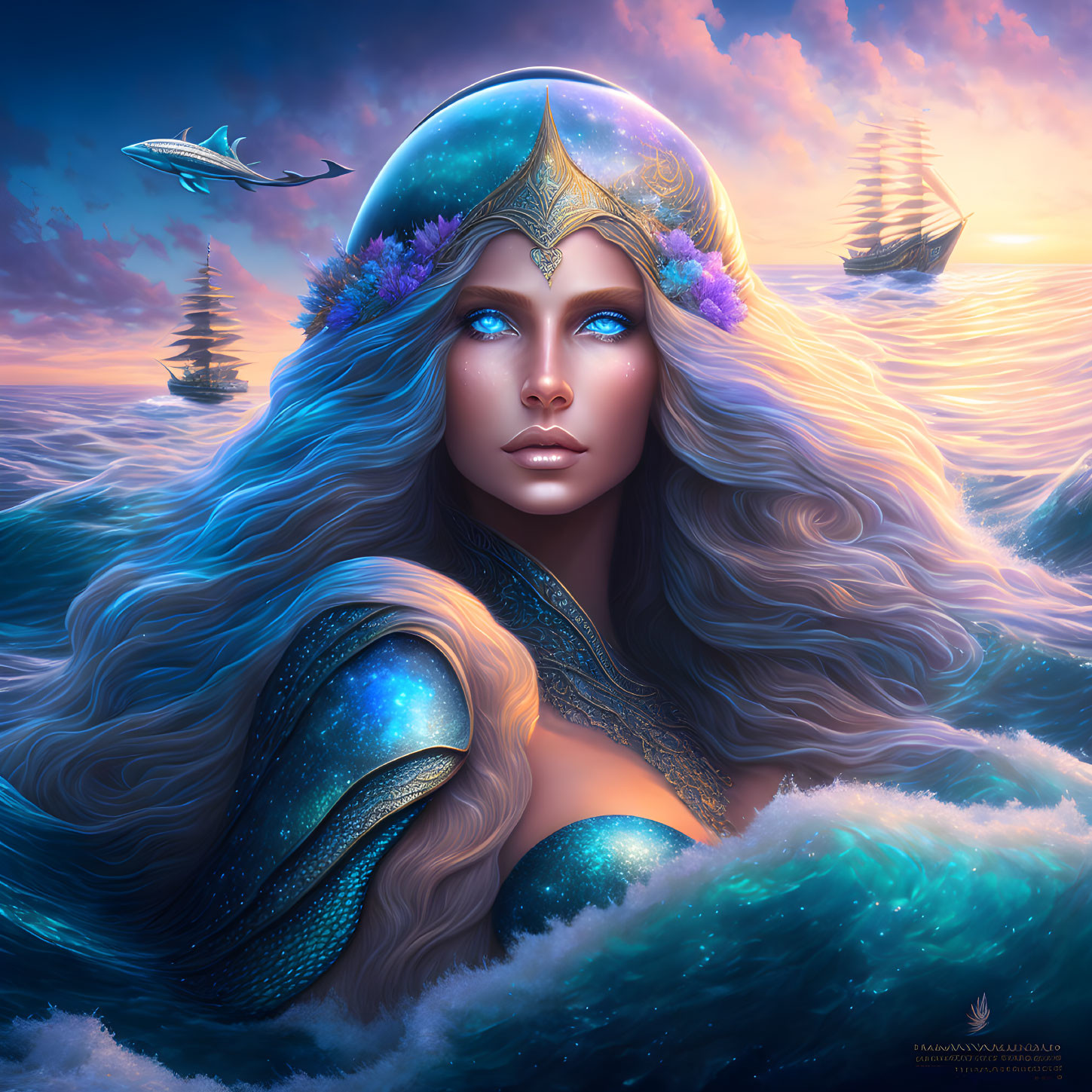 Fantastical illustration of woman with long wavy hair and ornate crown against vivid seascape.