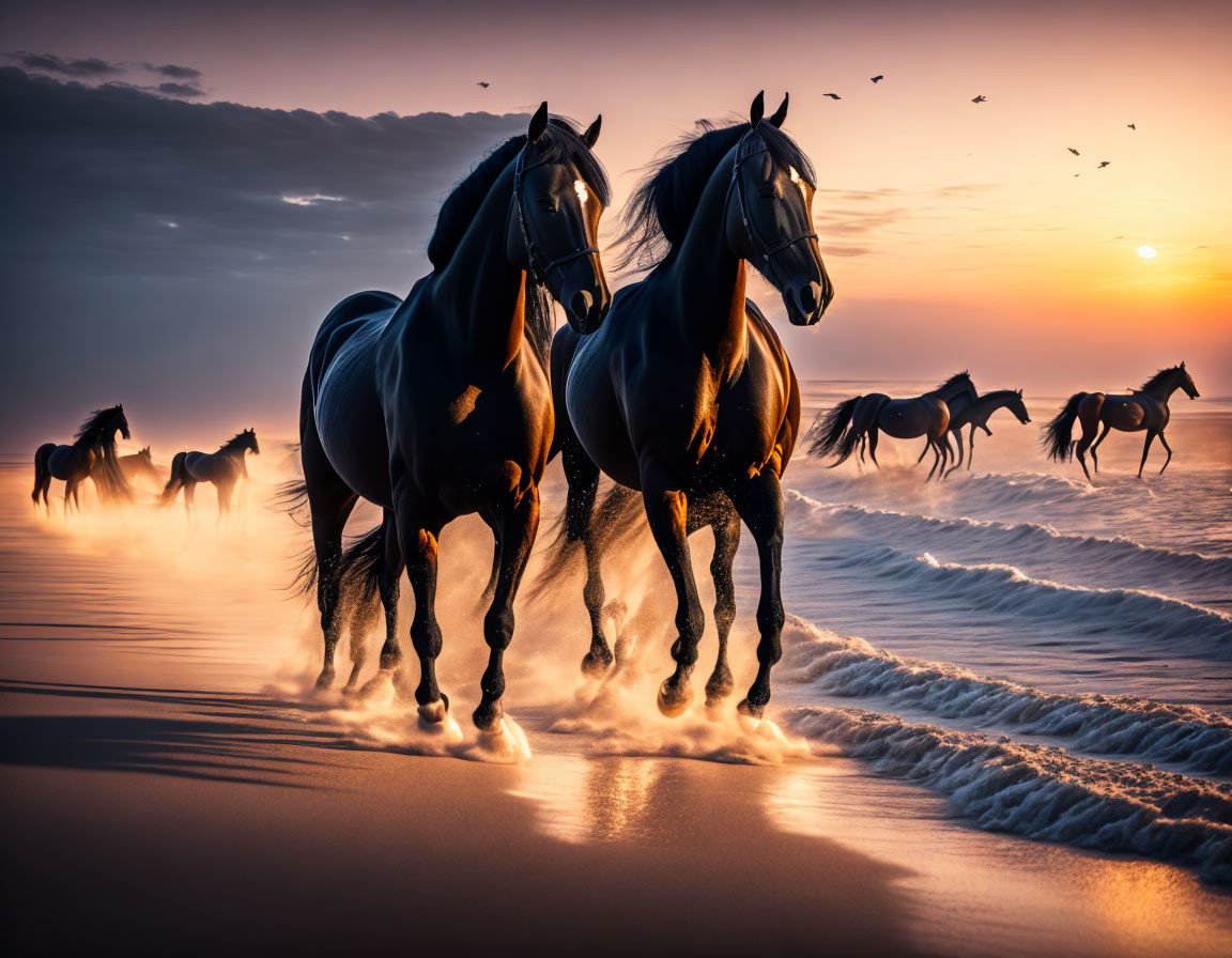 Black horses running on beach at sunset with crashing waves and birds in amber sky