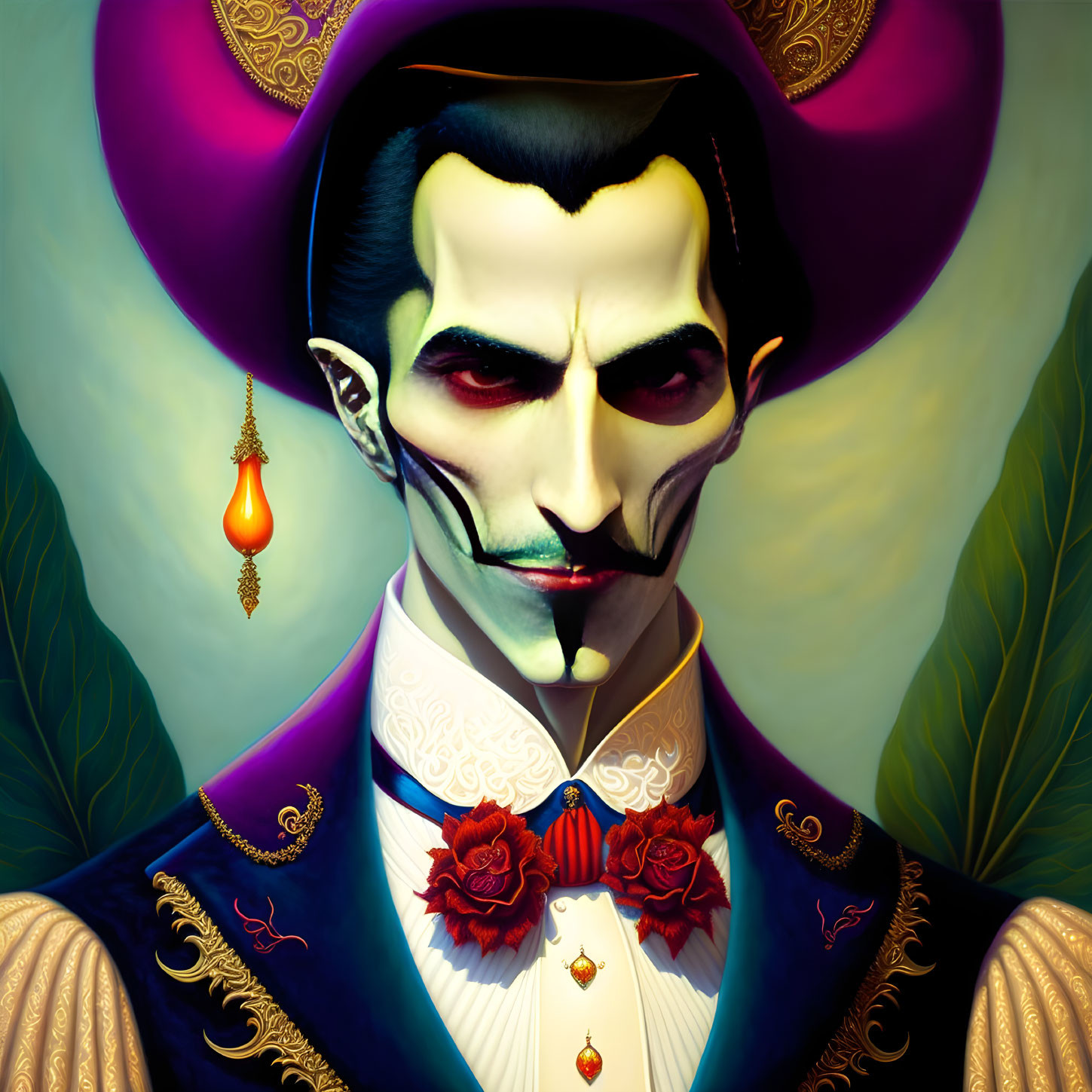 Stylized graphic portrait of a vampire in purple hat and blue coat