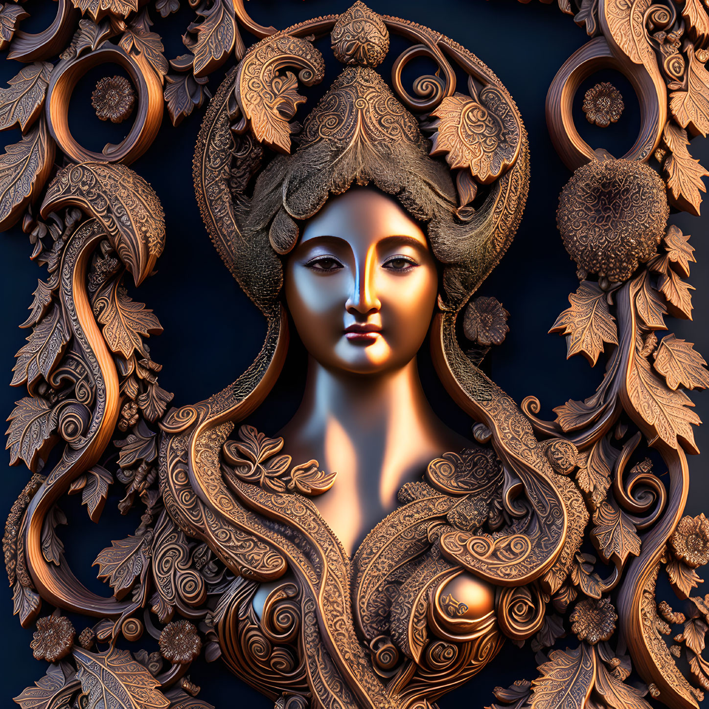 Intricate Bronze Floral Patterns Surround Woman's Face in 3D Artwork