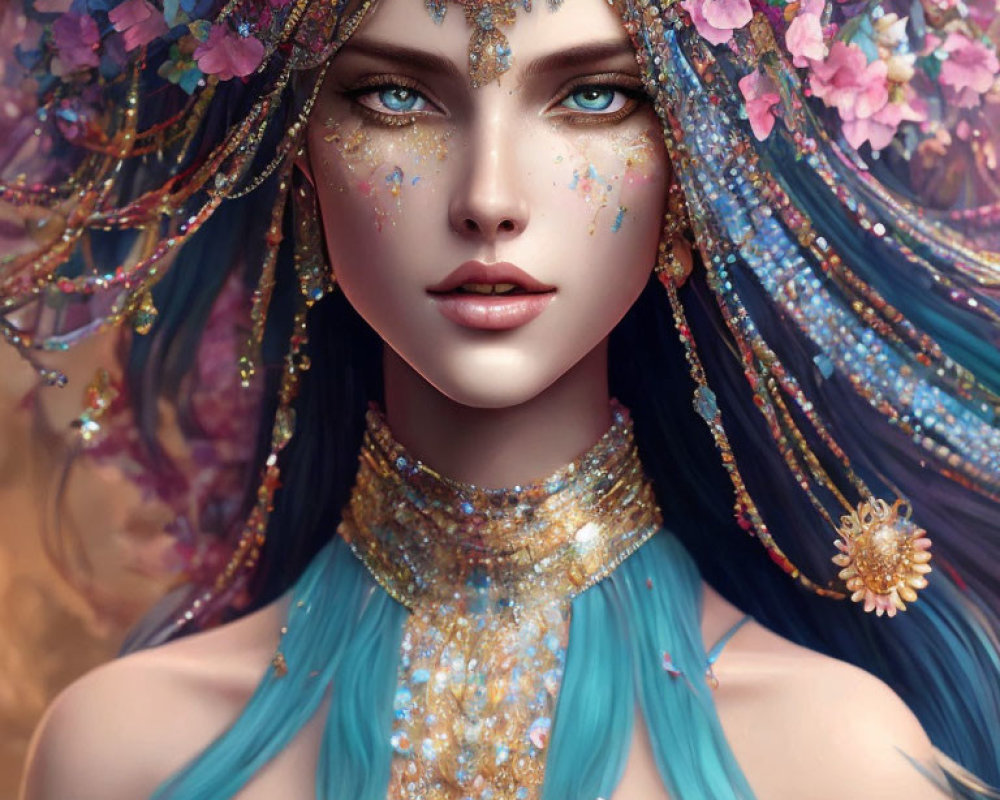 Portrait of Woman with Blue Hair, Pink Flowers, Gold Jewelry, Blue Eyes, and Glitter