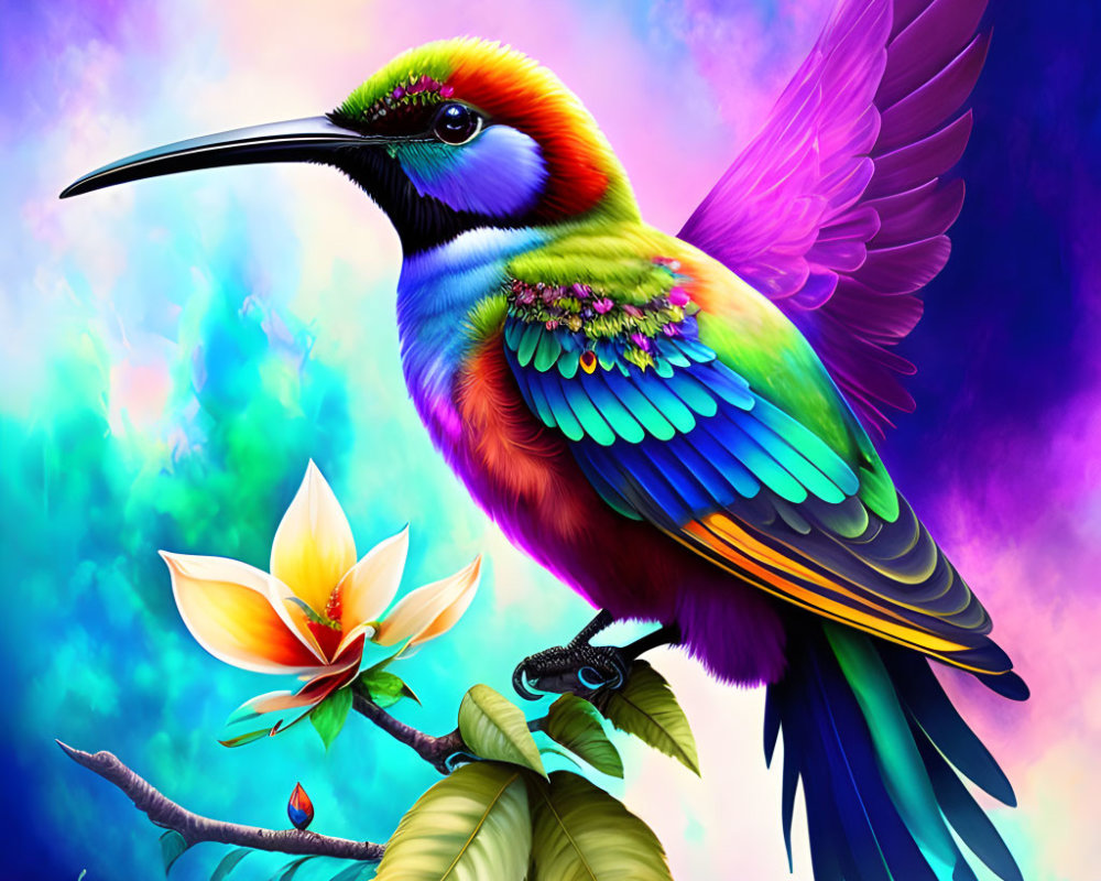 Colorful Hummingbird Illustration on Branch with Flower and Abstract Background