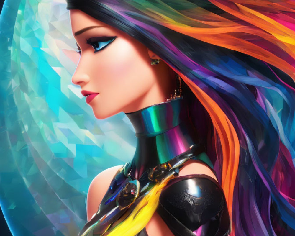 Digital artwork featuring woman with rainbow hair and shiny black outfit against glowing geometric backdrop