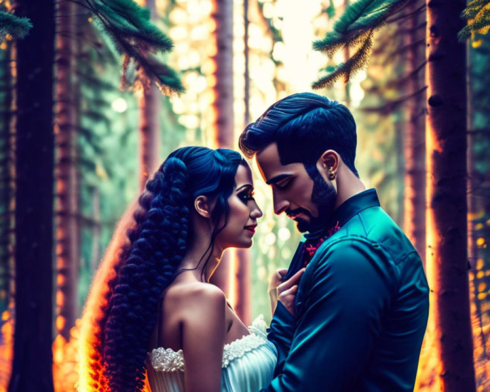 Formal couple sharing intimate moment in sunlit forest