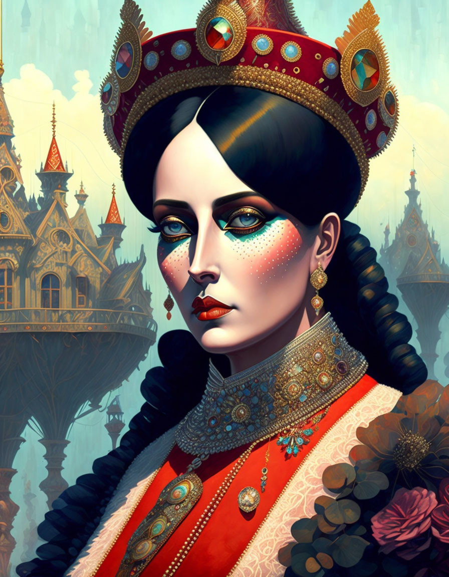 Regal queen illustration with crown and ornate attire