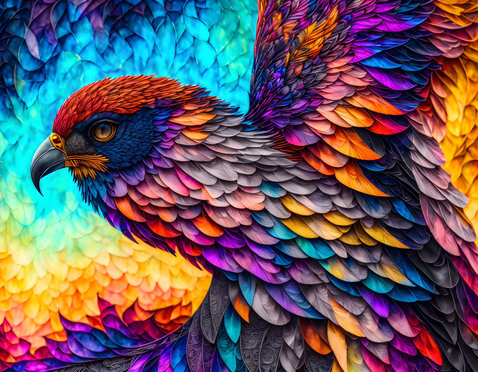 Detailed Bird Artwork with Vibrant Blue to Orange Feathers