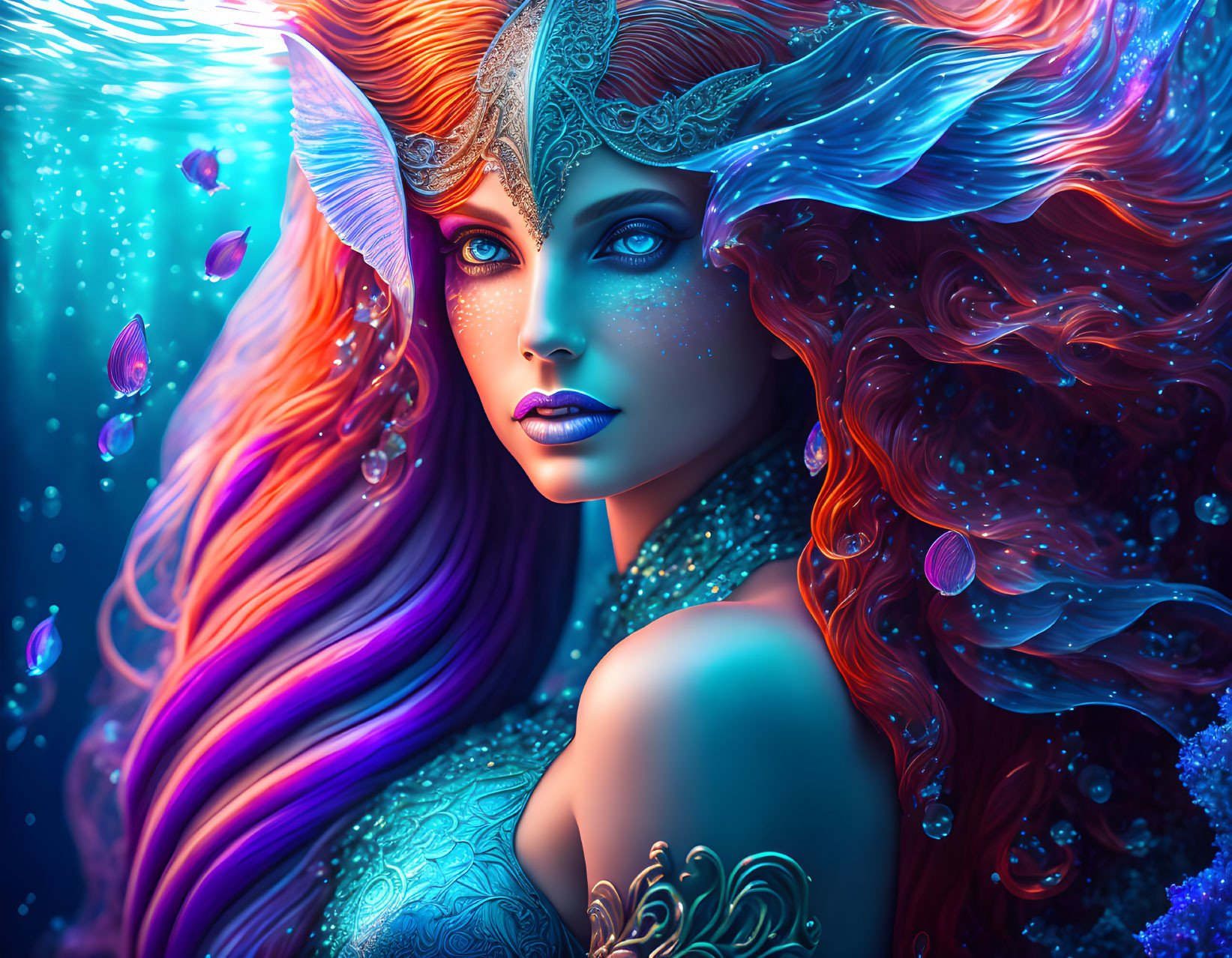 Colorful depiction of mystical female figure with red hair and blue skin.