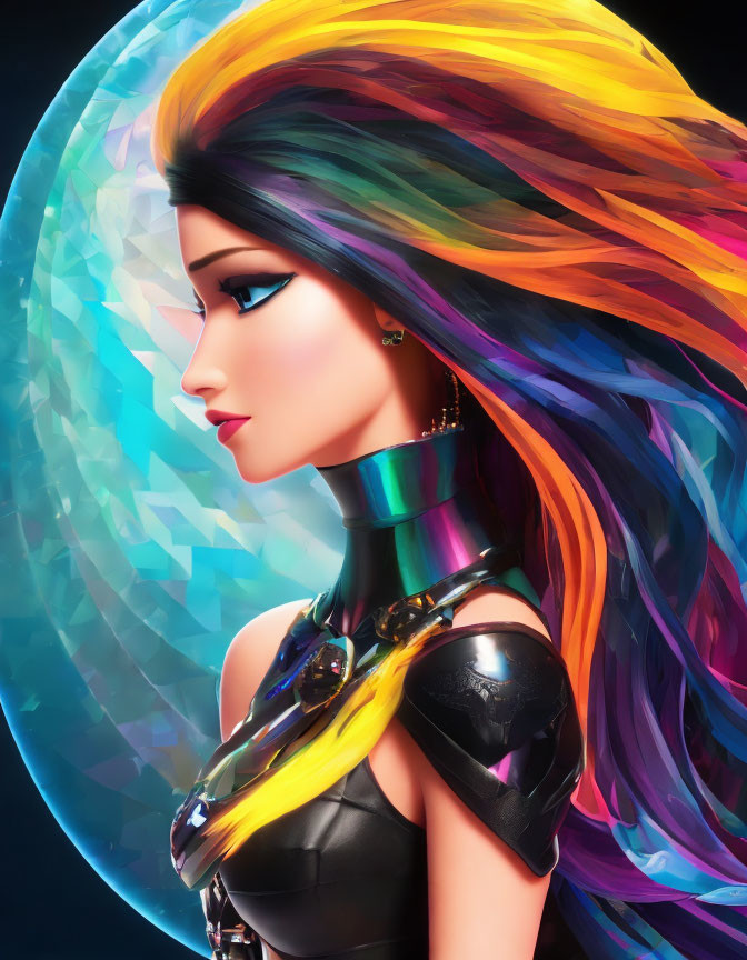 Digital artwork featuring woman with rainbow hair and shiny black outfit against glowing geometric backdrop