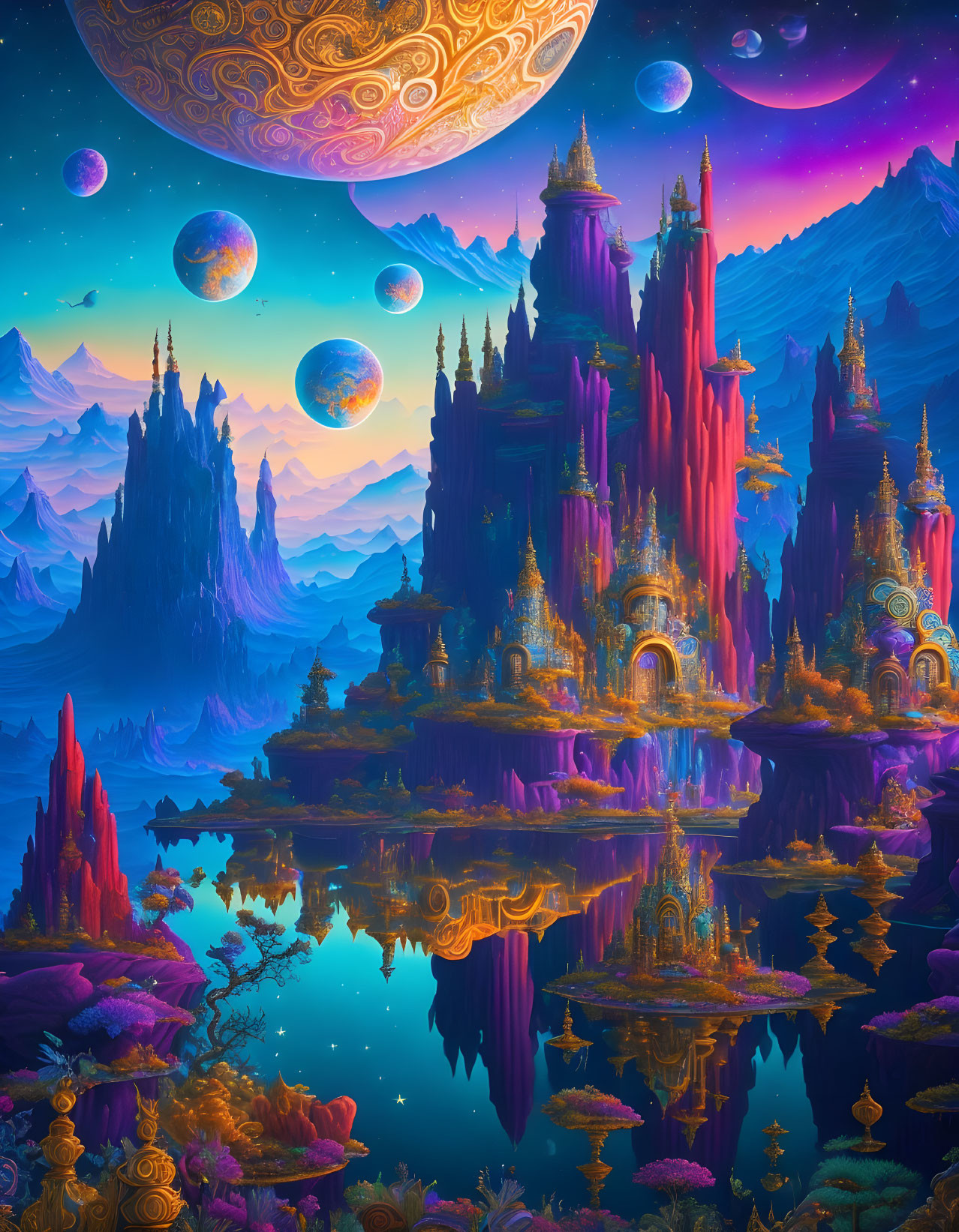 Colorful fantasy landscape with purple and gold castles, reflective water, and star-filled sky