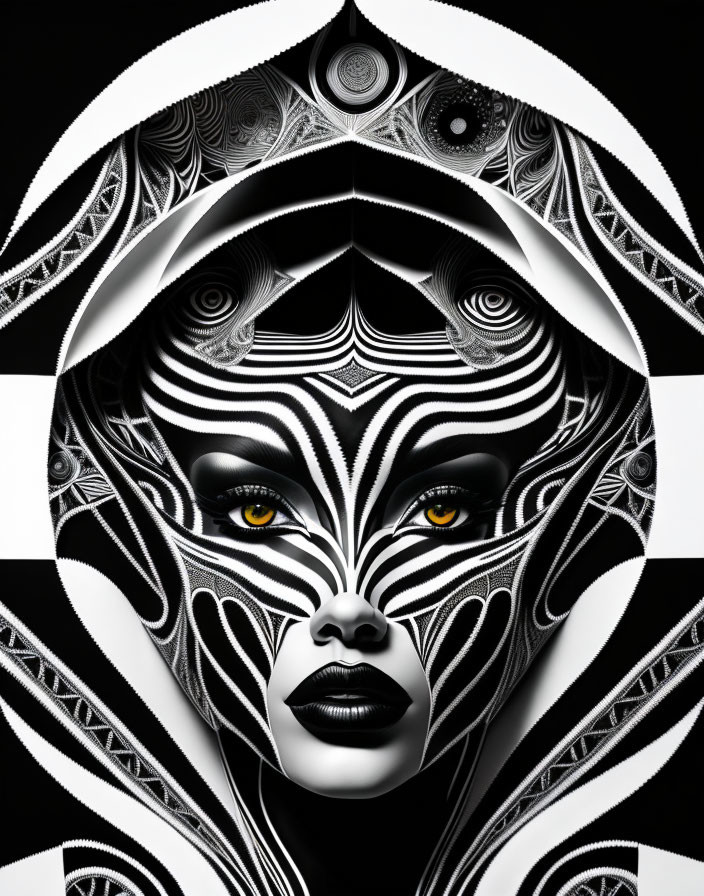 Intricate black-and-white face art with yellow eyes and bold black lips