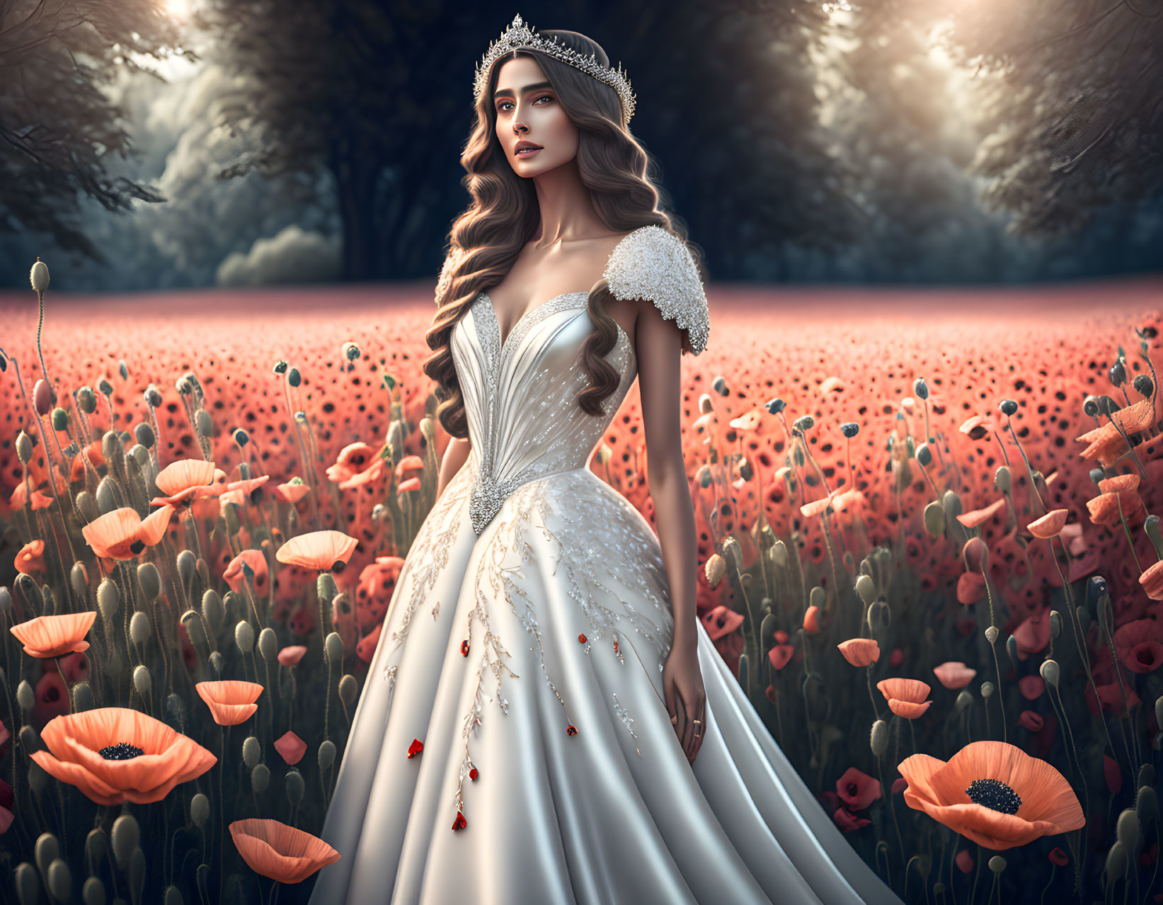 Woman in elegant gown and tiara surrounded by red poppies in dreamy forest landscape