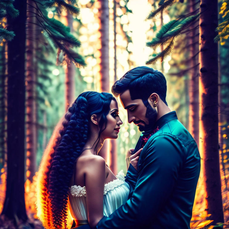 Formal couple sharing intimate moment in sunlit forest