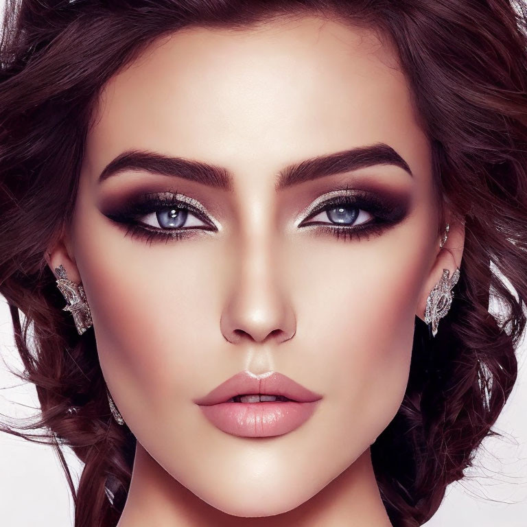 Close-up Portrait: Woman with Glamorous Makeup and Elegant Earrings