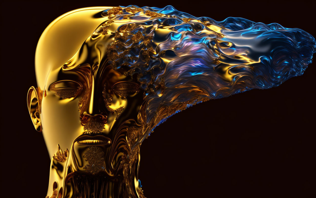 Golden half-face bust transitions into fluid blue shapes with ornate texture.