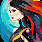 Digital artwork featuring woman with rainbow hair and shiny black outfit against glowing geometric backdrop