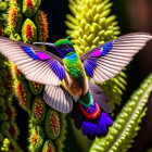 Colorful hummingbird near vibrant plants with spread wings