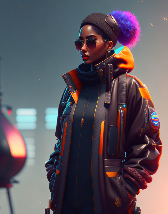 Futuristic attire: stylish woman in leather jacket with glowing accents