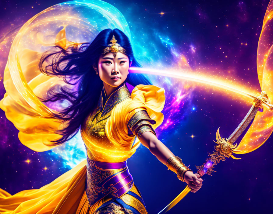 Colorful warrior woman in Asian attire wields cosmic sword