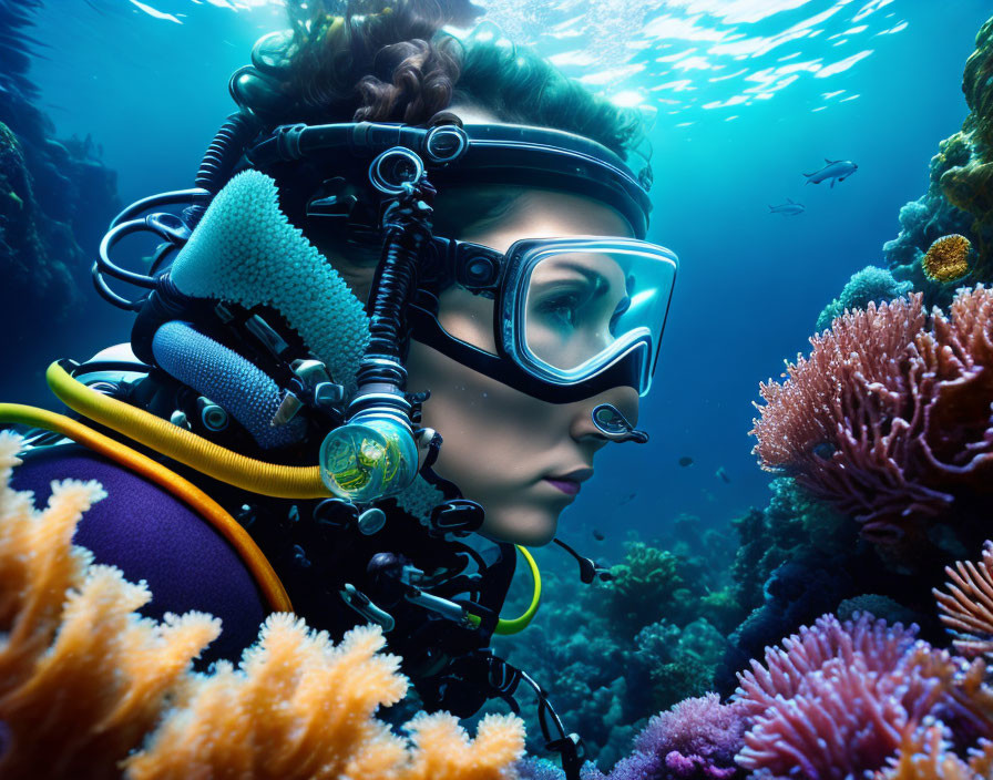 Underwater diver with mask and breathing apparatus near coral reef