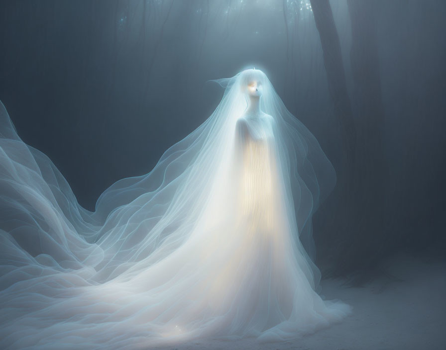 Ethereal figure in flowing gown in foggy forest with soft glow