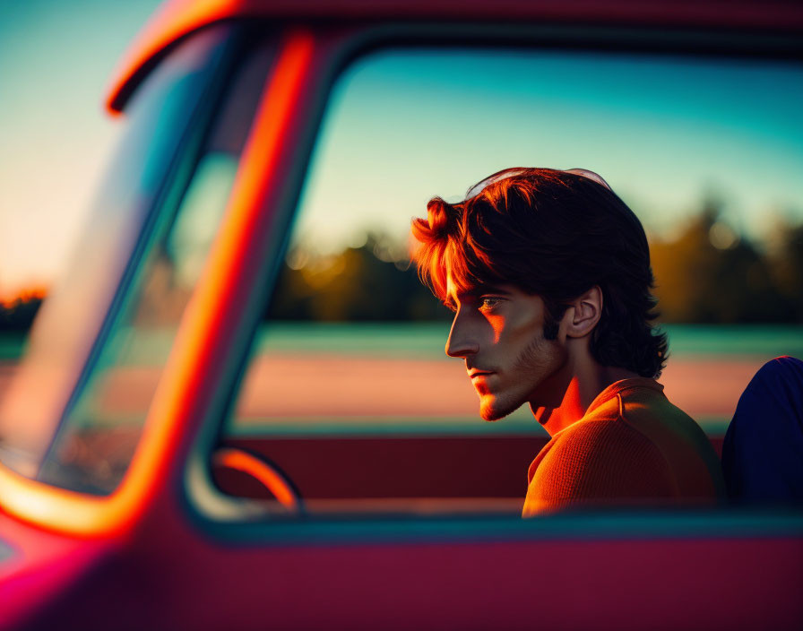 Young man gazes out car window at sunset.