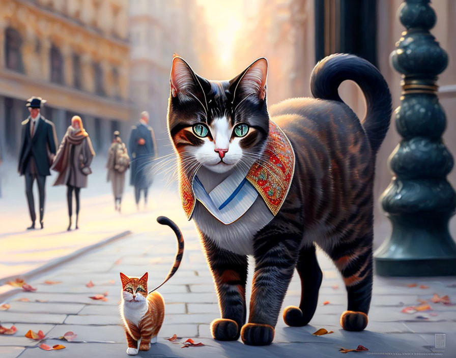 Digital artwork: Giant cat with scarf in city street with tiny humans and small cat.