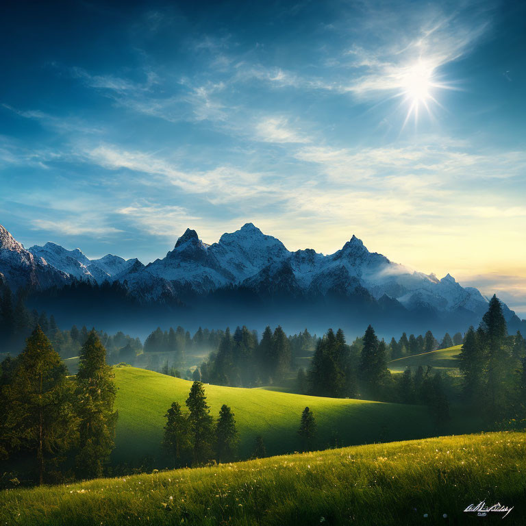 Serene landscape with green hills and snow-capped mountains