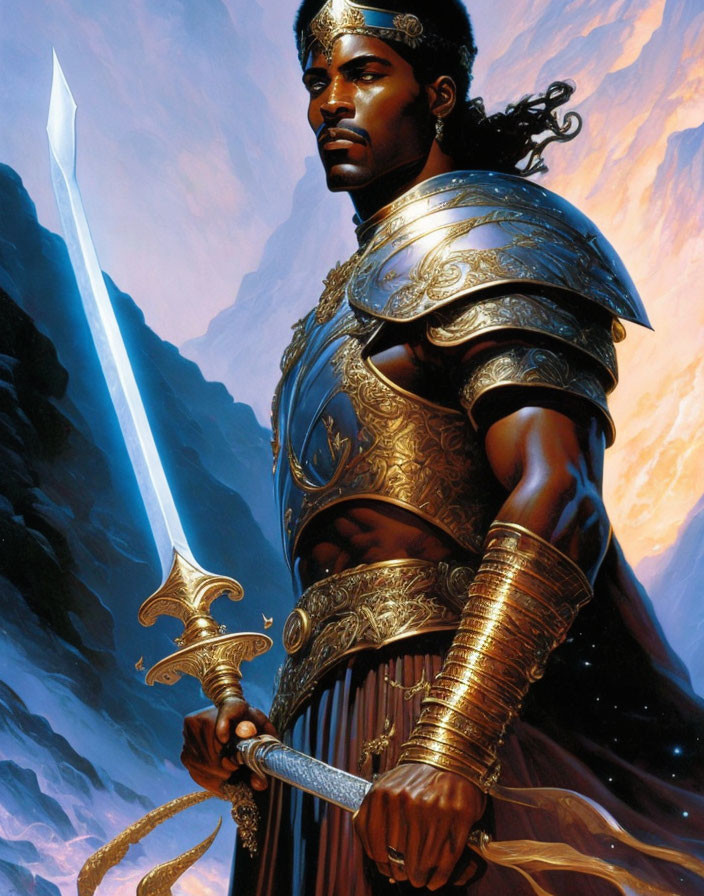 Illustrated warrior with glowing sword in ornate armor against cliff backdrop