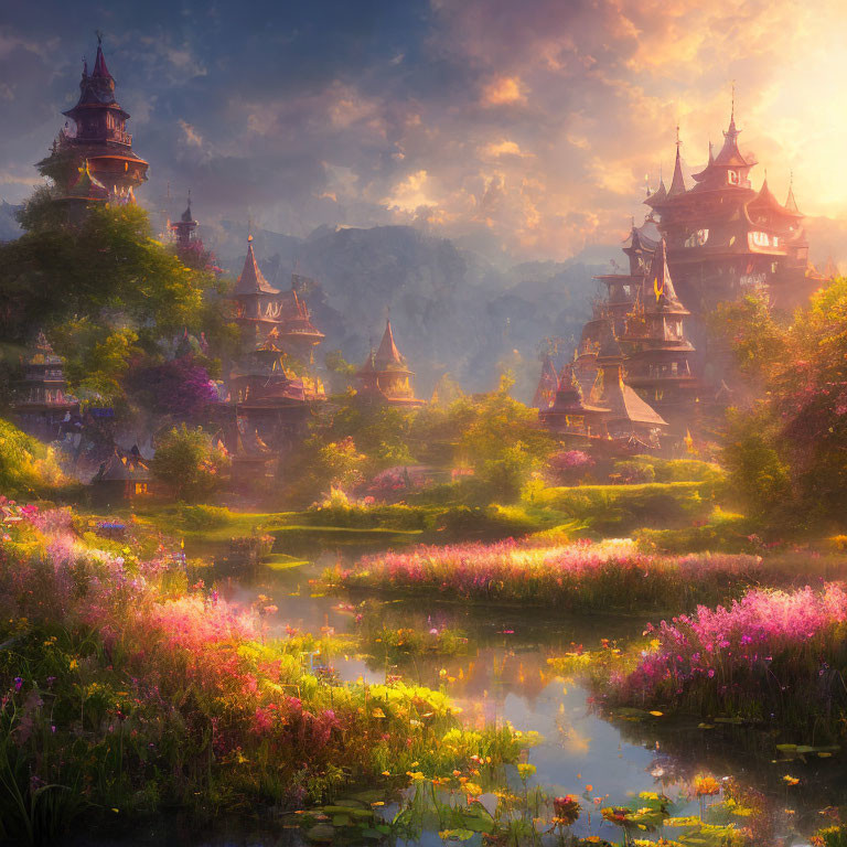 Fantasy landscape with ornate towers, blossoming trees, and reflective pond