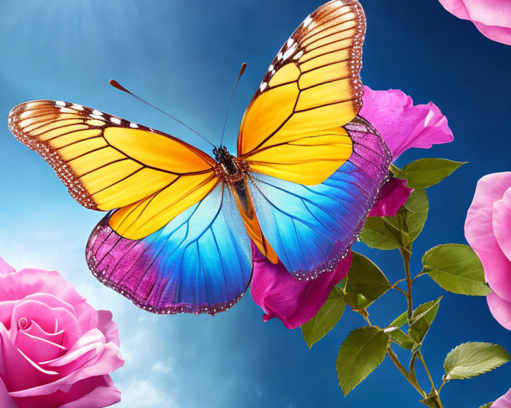 Colorful butterfly hovering over pink roses under sunny sky