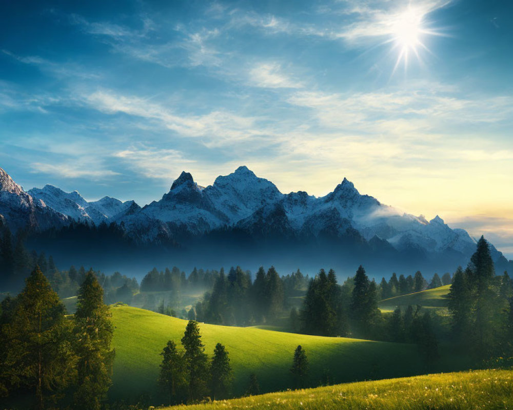 Serene landscape with green hills and snow-capped mountains