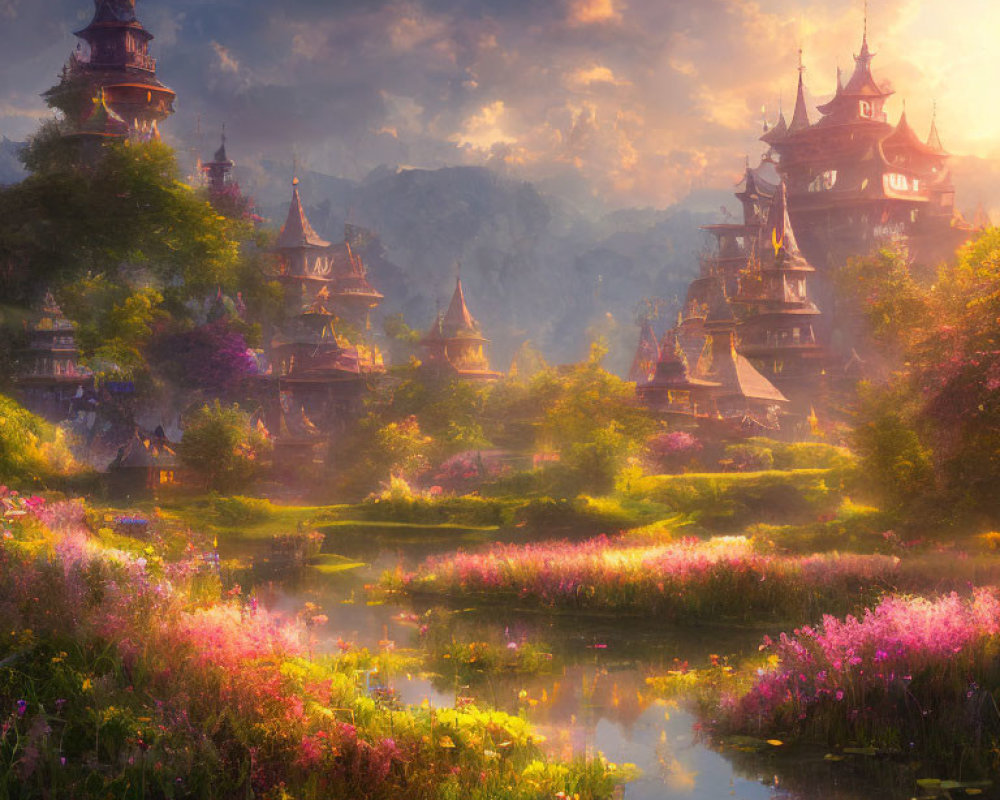 Fantasy landscape with ornate towers, blossoming trees, and reflective pond